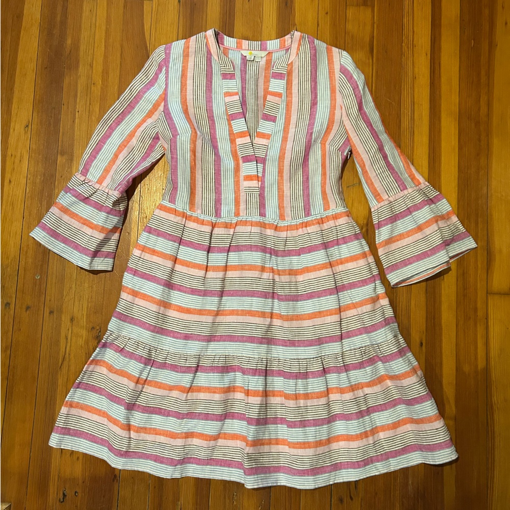 Boden Relaxed 100% Linen Tiered Striped Dress Sz 2R like new